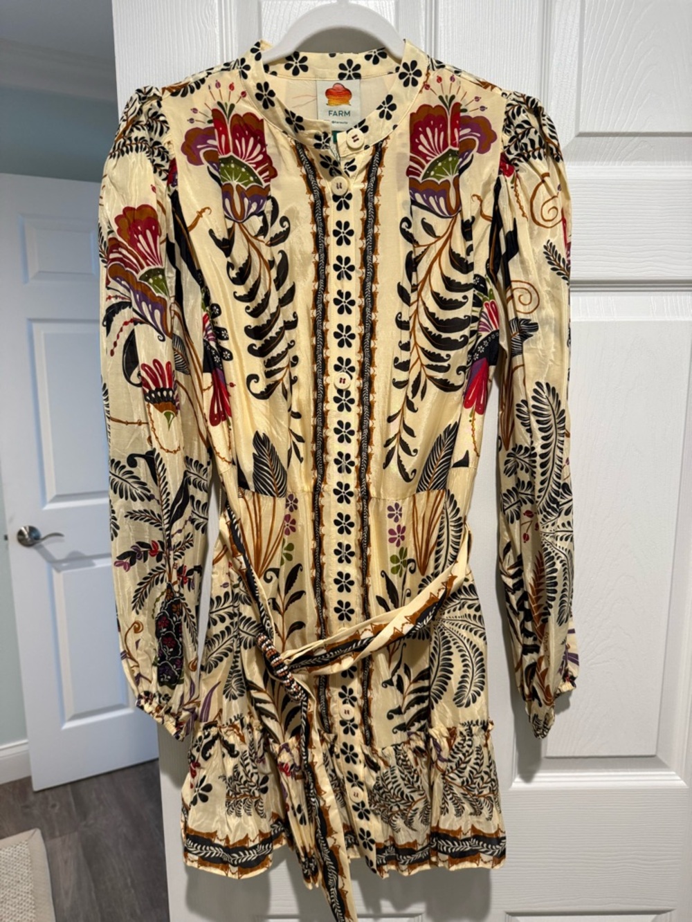 Farm Rio Cream Floral-Print Long Sleeve Tie-Waist Dress